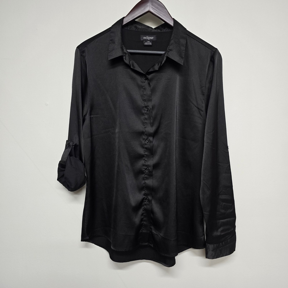 Eclipse Roll Tab Sleeve Blouse Womens Large Black Satin Work Minimalist Top